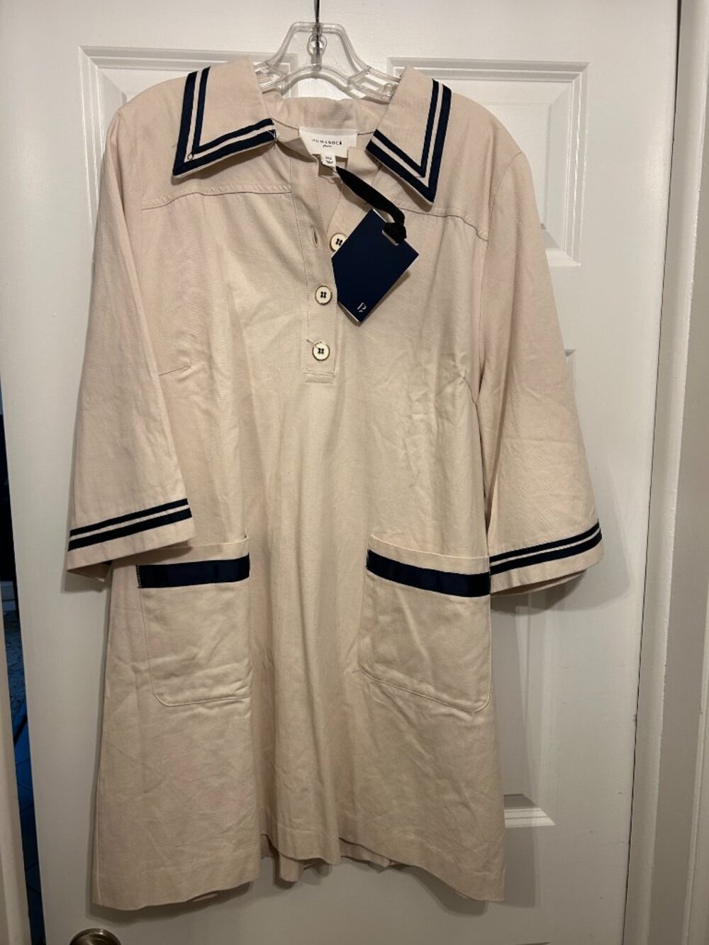 Pomander Place Cream dress with Navy Trim/ Nautical Sailor Collar Dress